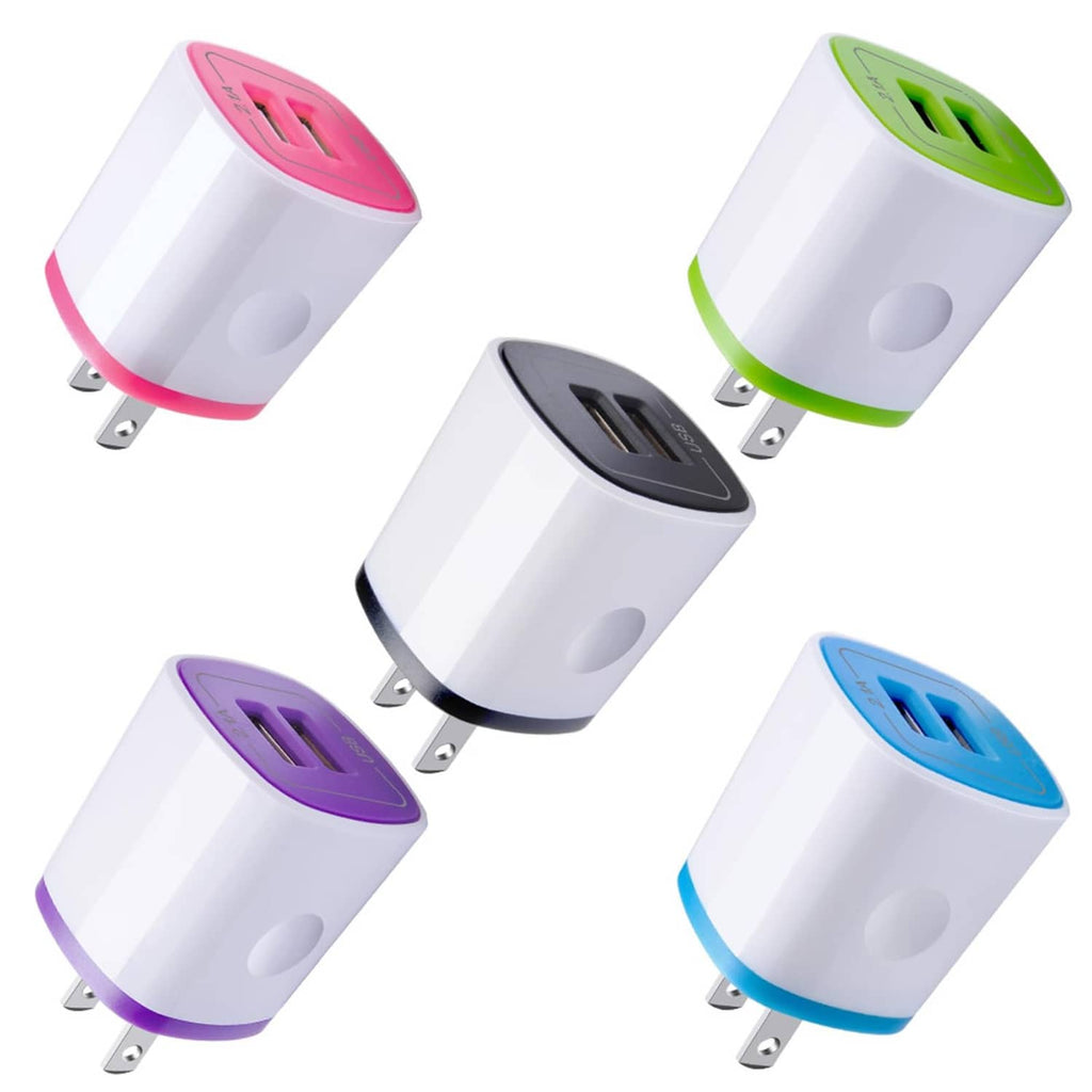 Set of 5 USB wall charger plugs with colored caps and two-prong plug