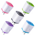 Set of 5 USB wall charger plugs with colored caps and two-prong plug