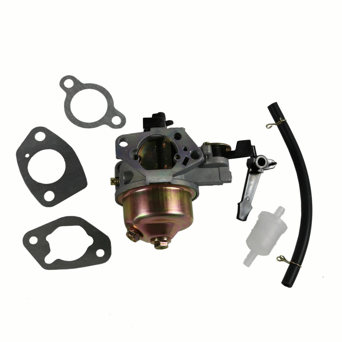 Carburetor assembly with mounting gaskets and fuel line components