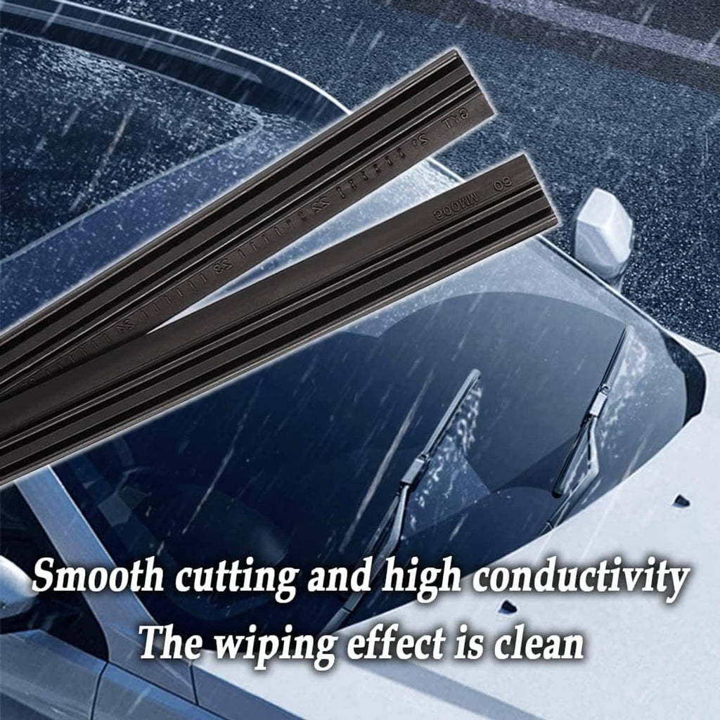 Black windshield wiper blade strips with fine water beading on the rubber insert
