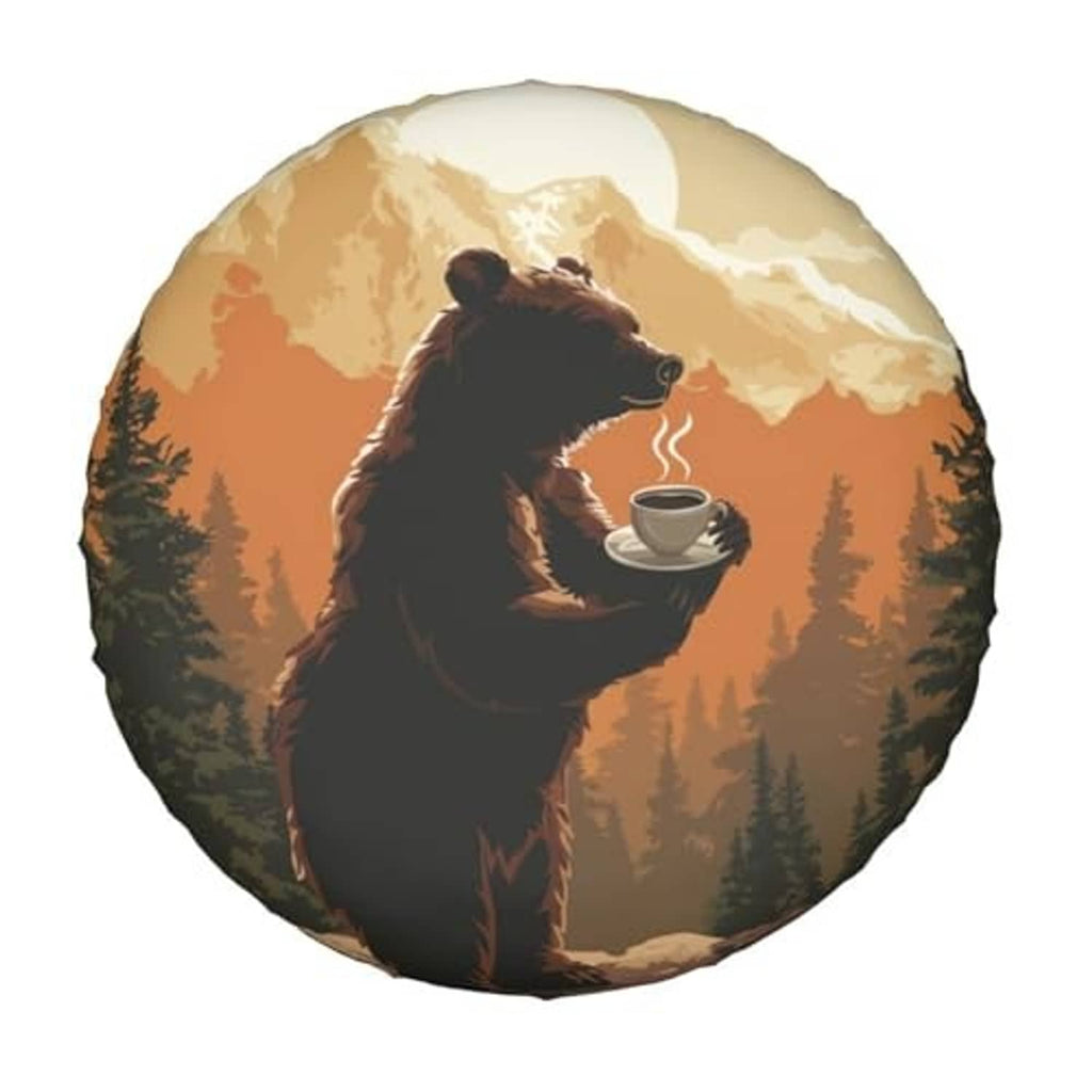 RV spare tire cover with bear holding coffee cup in warm sunset forest scene