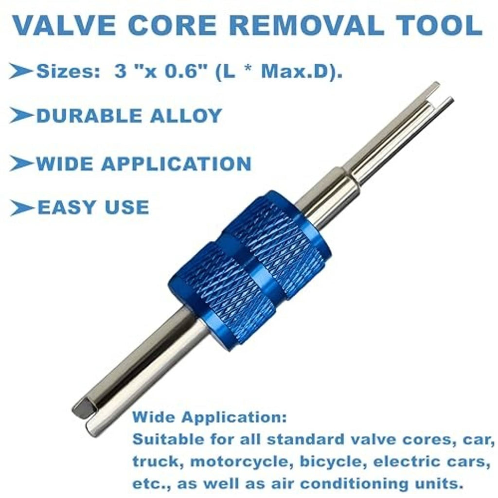 A/C valve core removal tool with blue knurled handle and two metal prongs