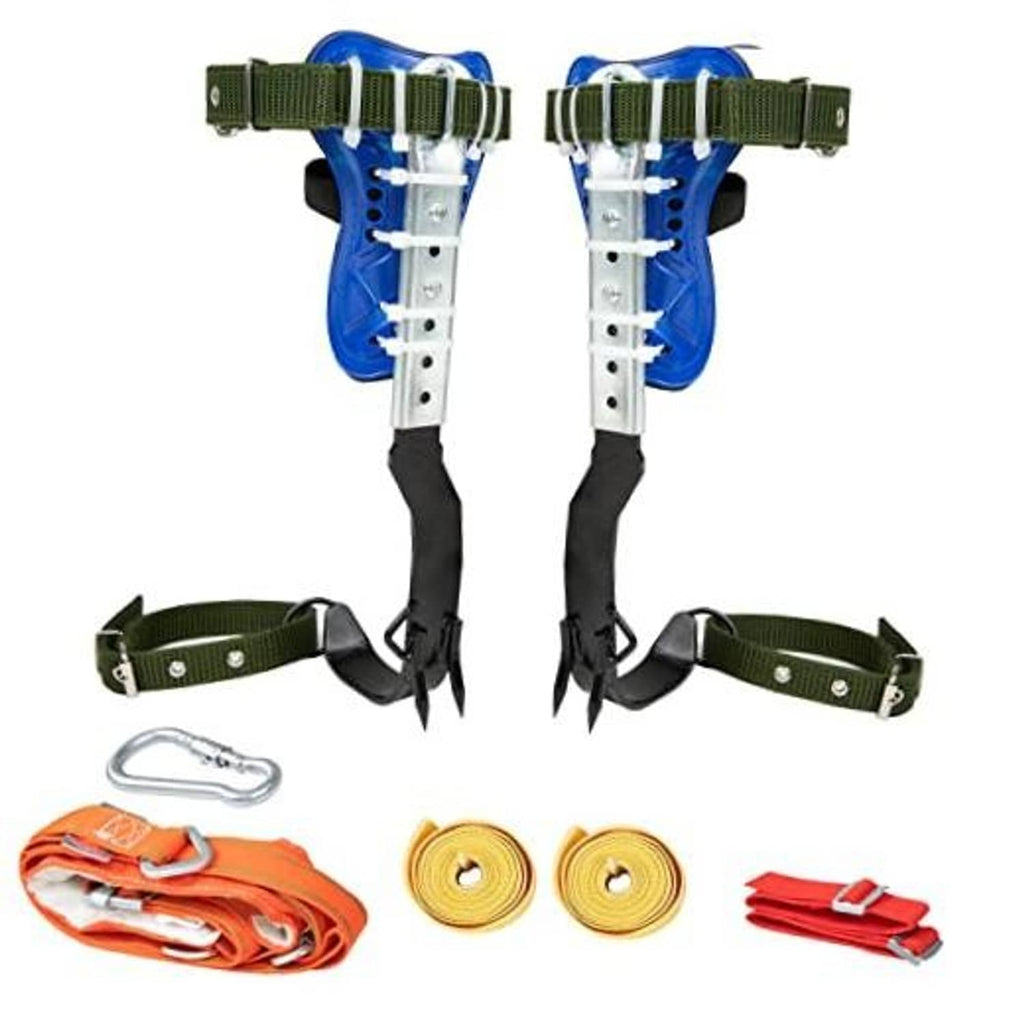 Tree climbing spikes harness belt set with blue leg straps, green waist belt, and foot spikes