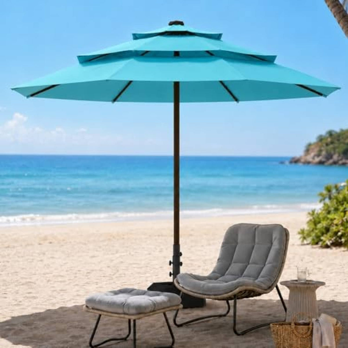 Sky blue 3-tier beach patio umbrella with vented canopy and tall center pole