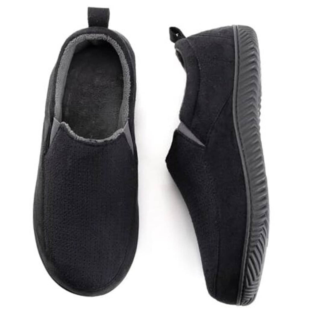Black closed-back memory foam slippers with plush lining, slip-on faux suede upper.