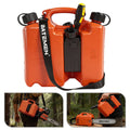 BAITEMEN dual-chamber fuel and bar oil can, orange, with black caps and carry strap