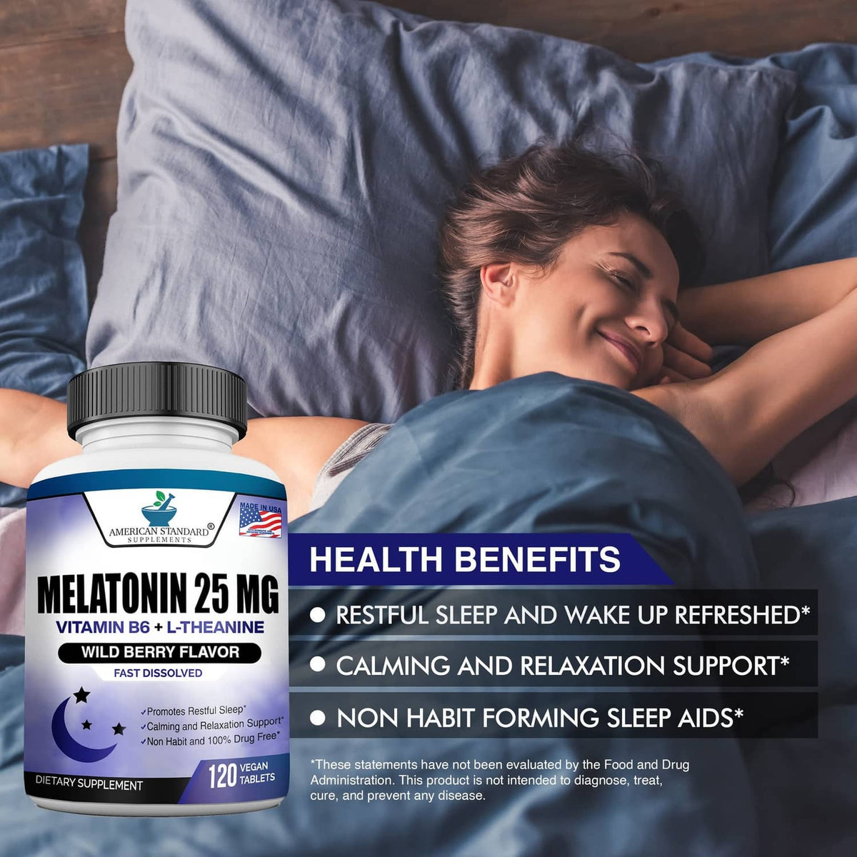 Melatonin 25 mg bottle with health benefits text for restful sleep and calming support