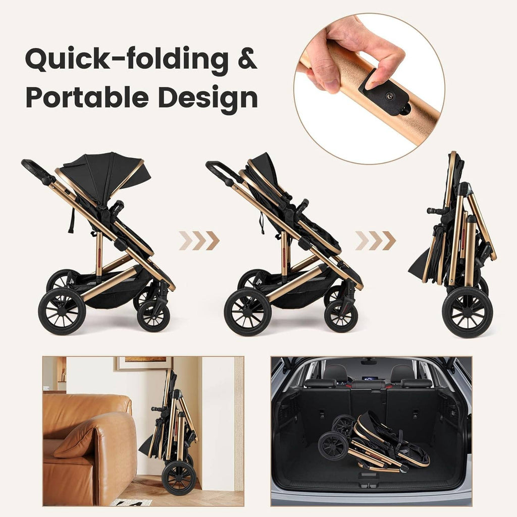 Quick-fold baby stroller with black seat and gold frame, front wheel and folded views