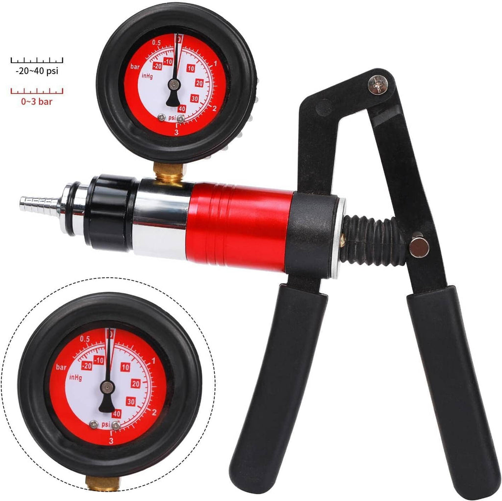 Brake bleeder vacuum pump with red cylinder and circular pressure gauge