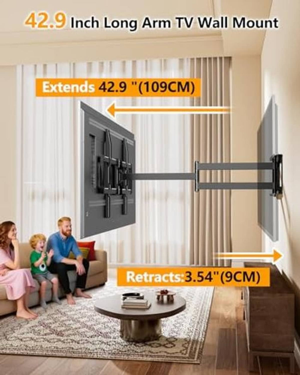 Long-arm TV wall mount extending outward, retracting close to the wall