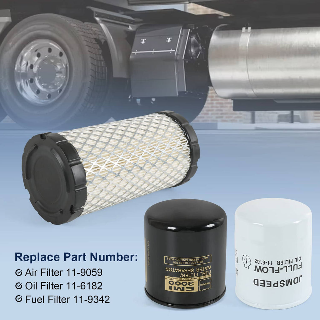 Air and oil fuel filters set with pleated air filter and two canister filters in black/white