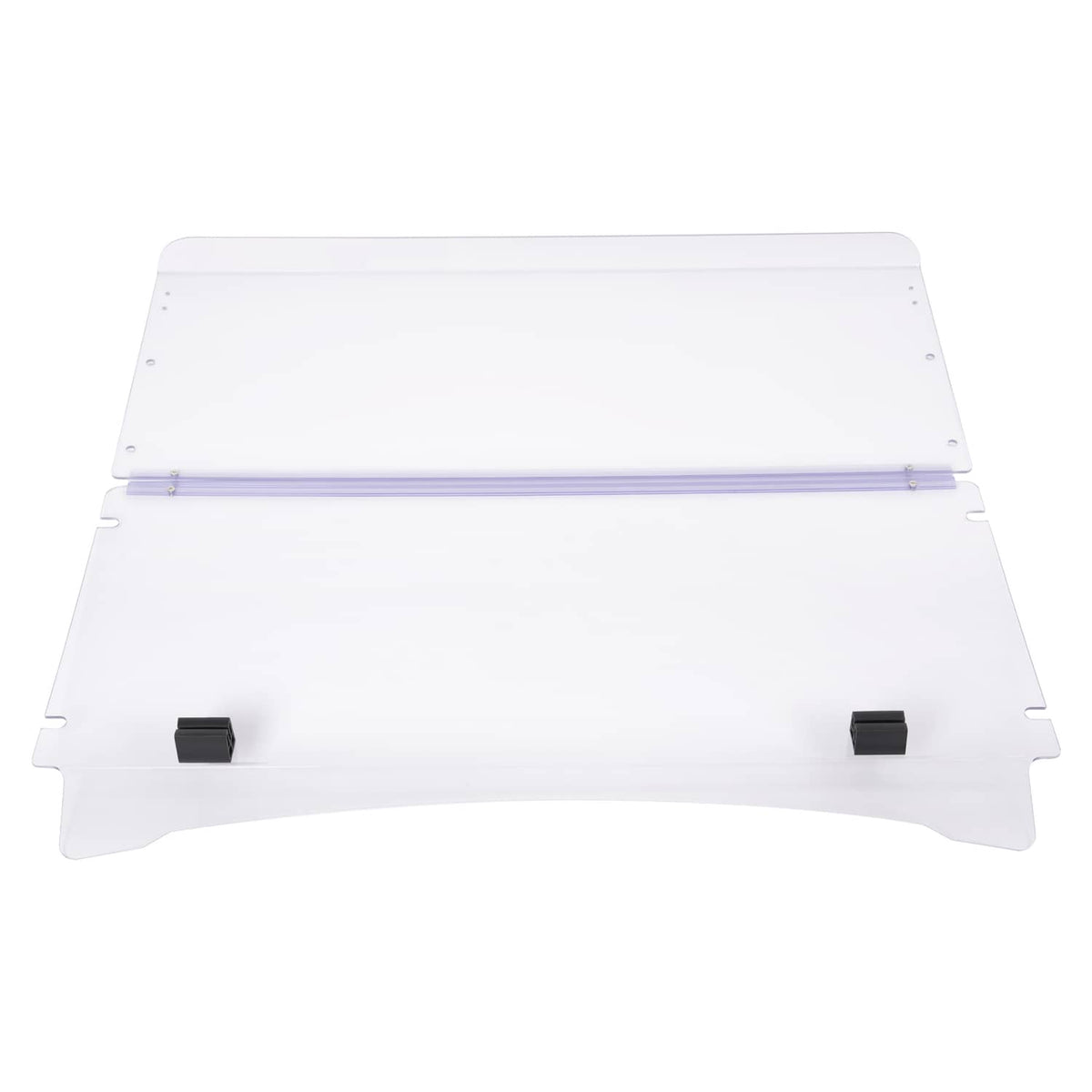 Clear folding windshield windscreen panel with purple trim and black mounting blocks