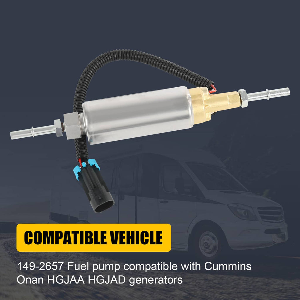 12V EFI fuel pump with silver canister, brass fittings, black hose, and blue connector