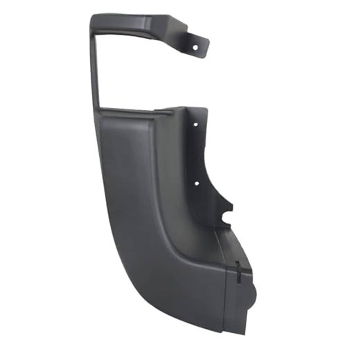 Rear left bumper side end cap cover, dark gray curved panel with top mounting bracket