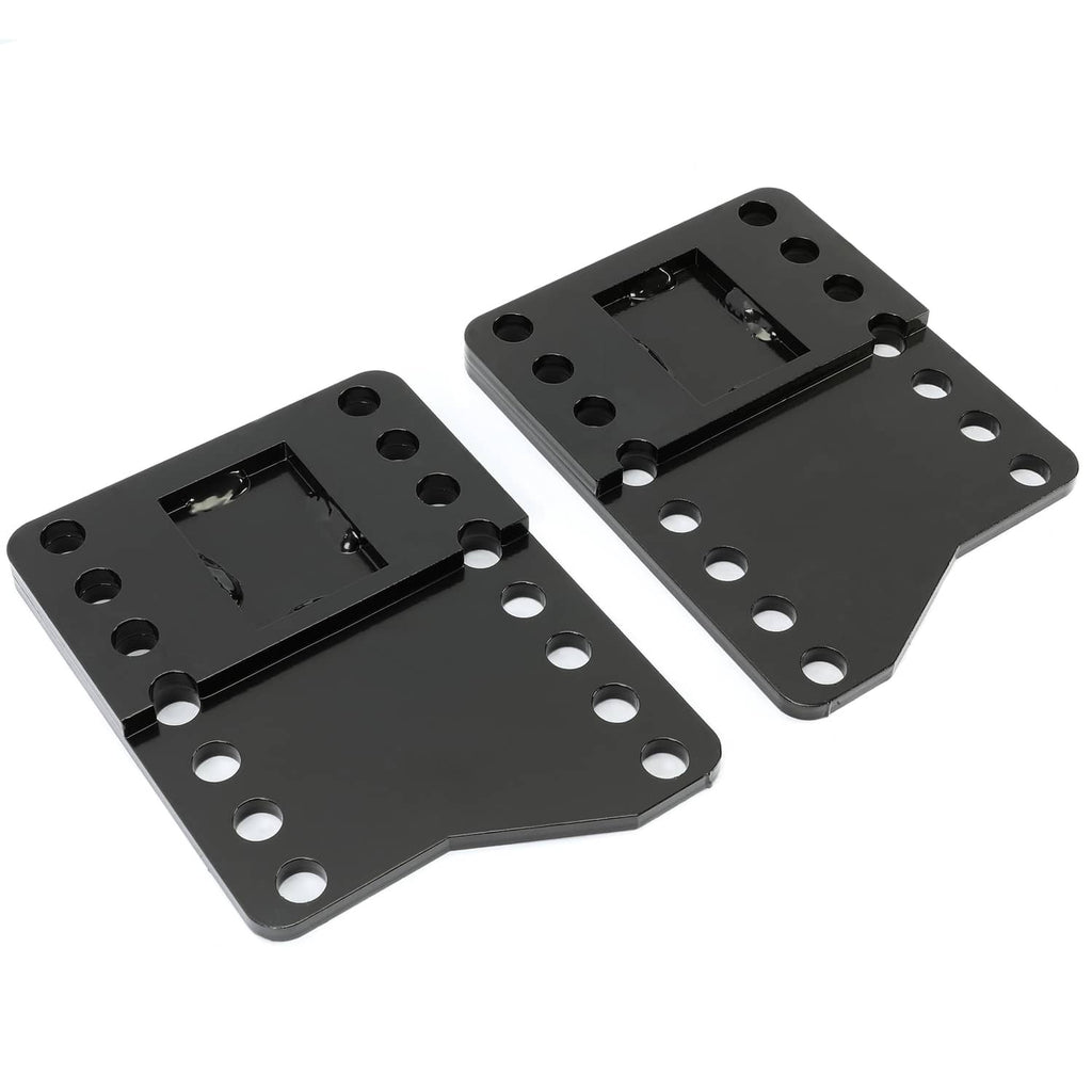 Two black steel snowplow mount brackets with raised rectangular insert blocks