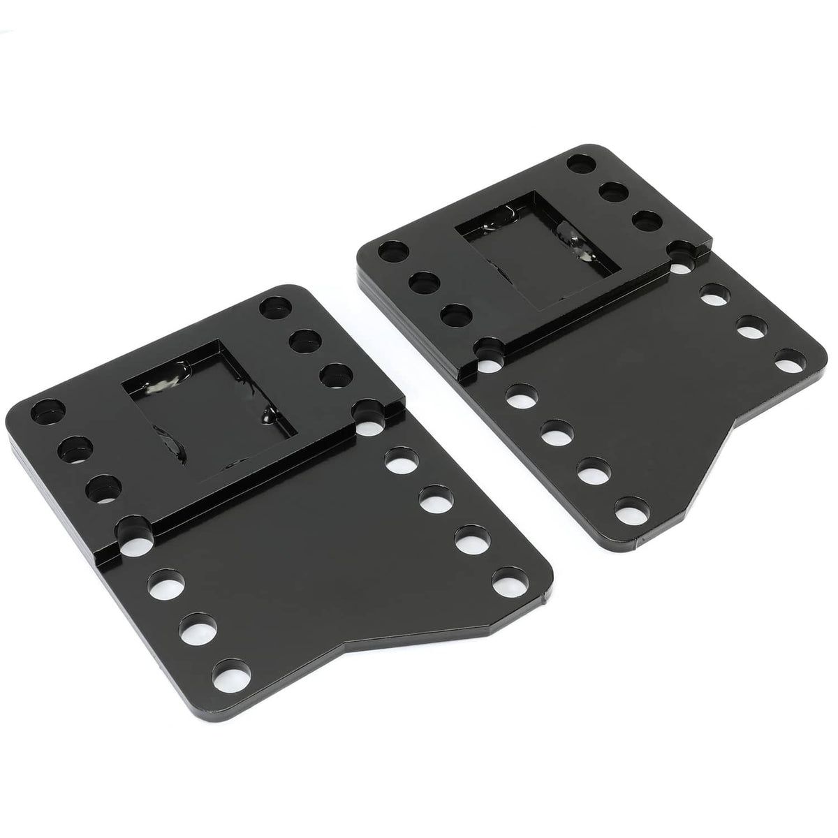 Two black steel snowplow mount brackets with raised rectangular insert blocks