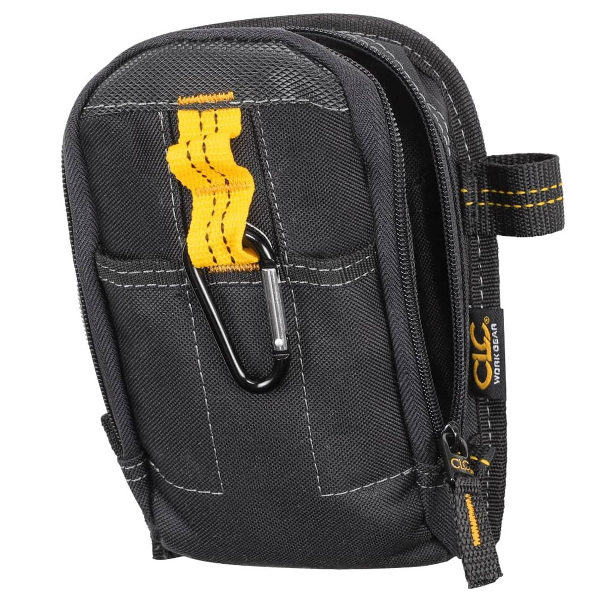 Black tool carry-all pouch, yellow tool loop detail, front zipper and side strap