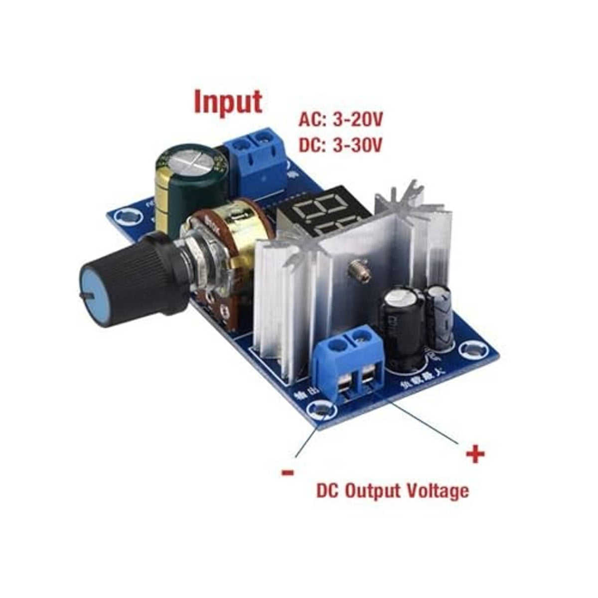 Adjustable DC voltage regulator PCB with input/output terminal blocks and LED display