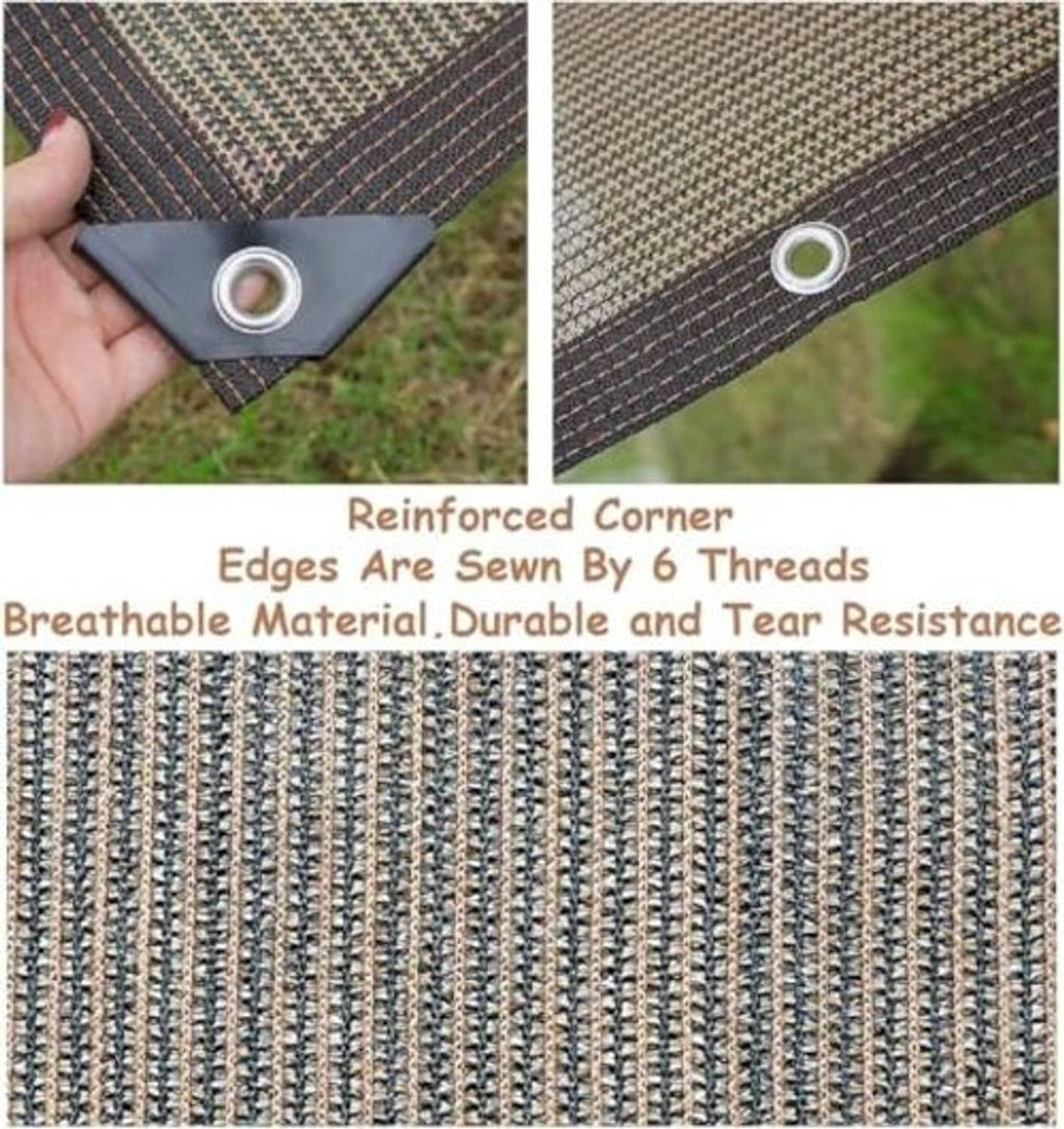 Brown woven privacy screen fabric corner with reinforced stitching and grommet