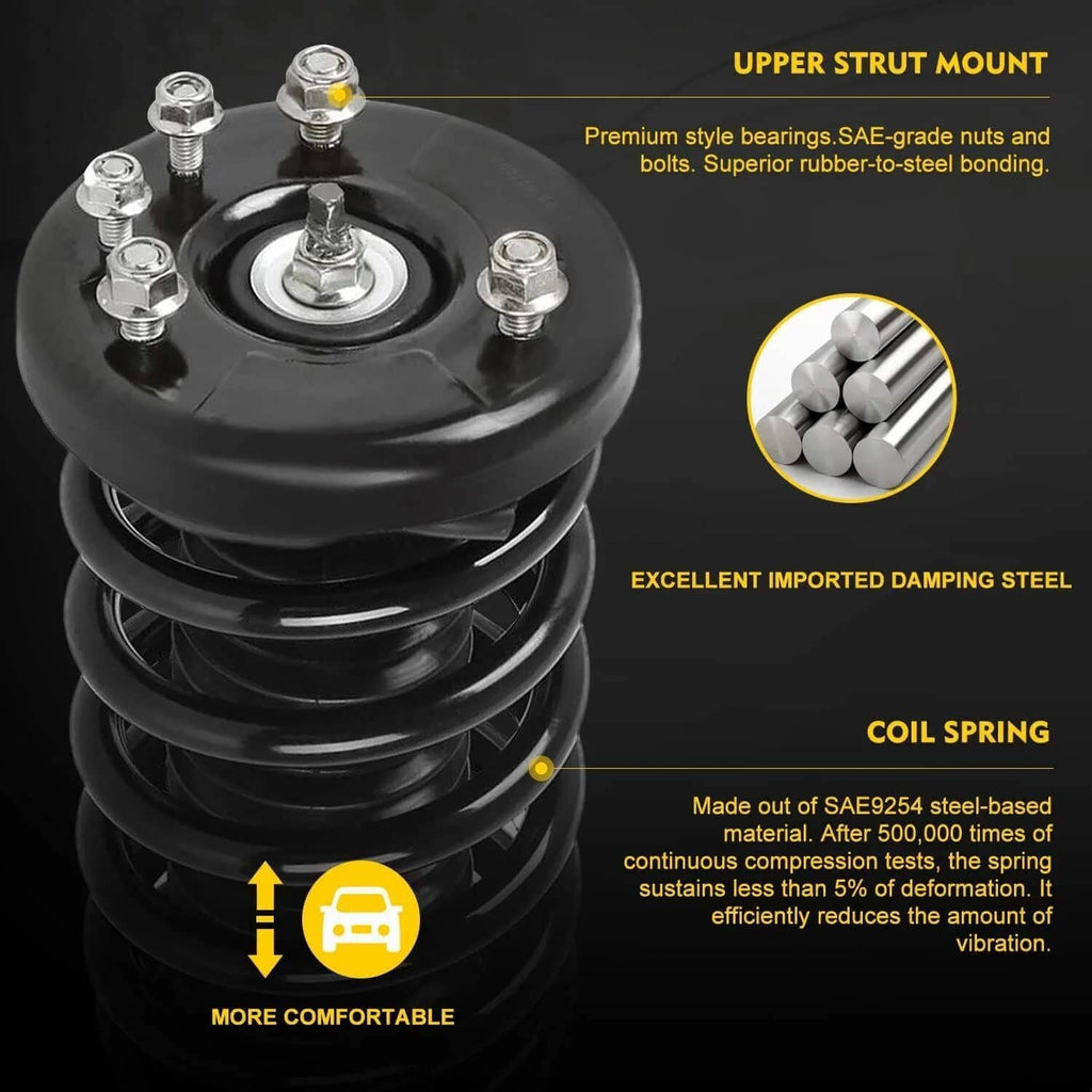 Front shock strut coil spring with upper strut mount and bolt hardware detail