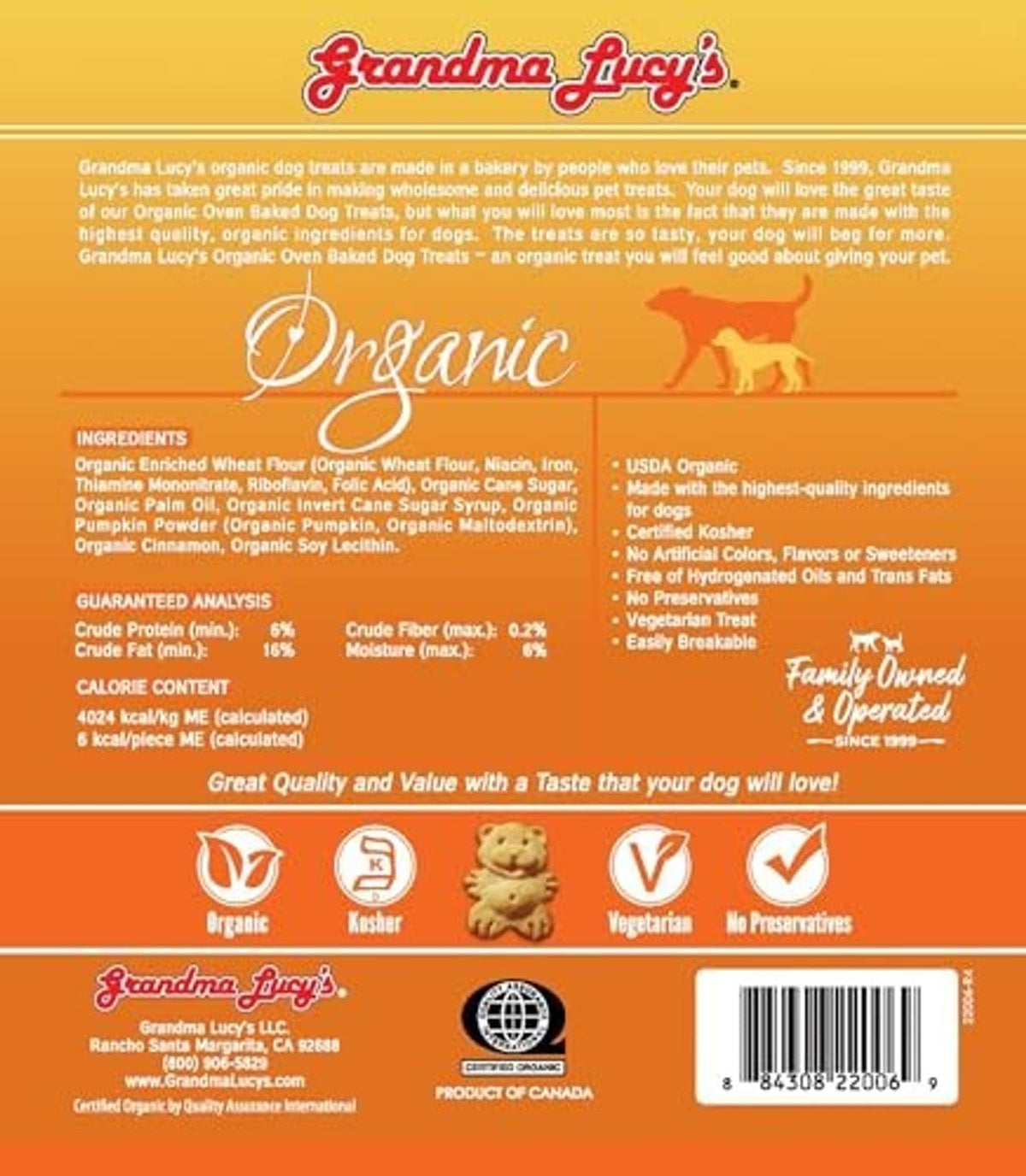 Organic dog treat bag back label with nutrition and ingredients information