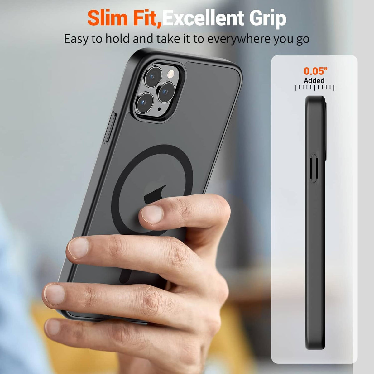 Black slim magnetic phone case with circular ring, side profile and button cutouts