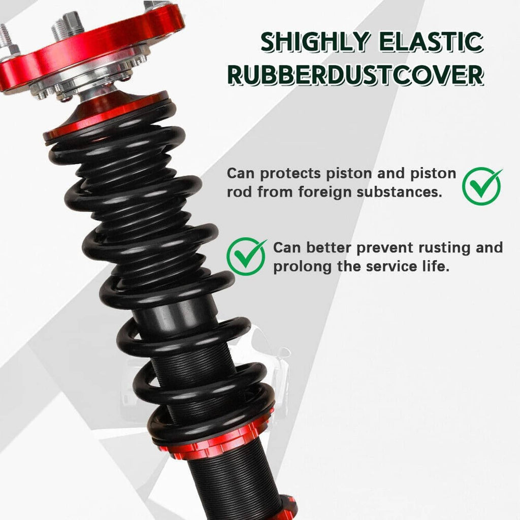 Coilover strut with black spring and elastic rubber dust cover over piston rod