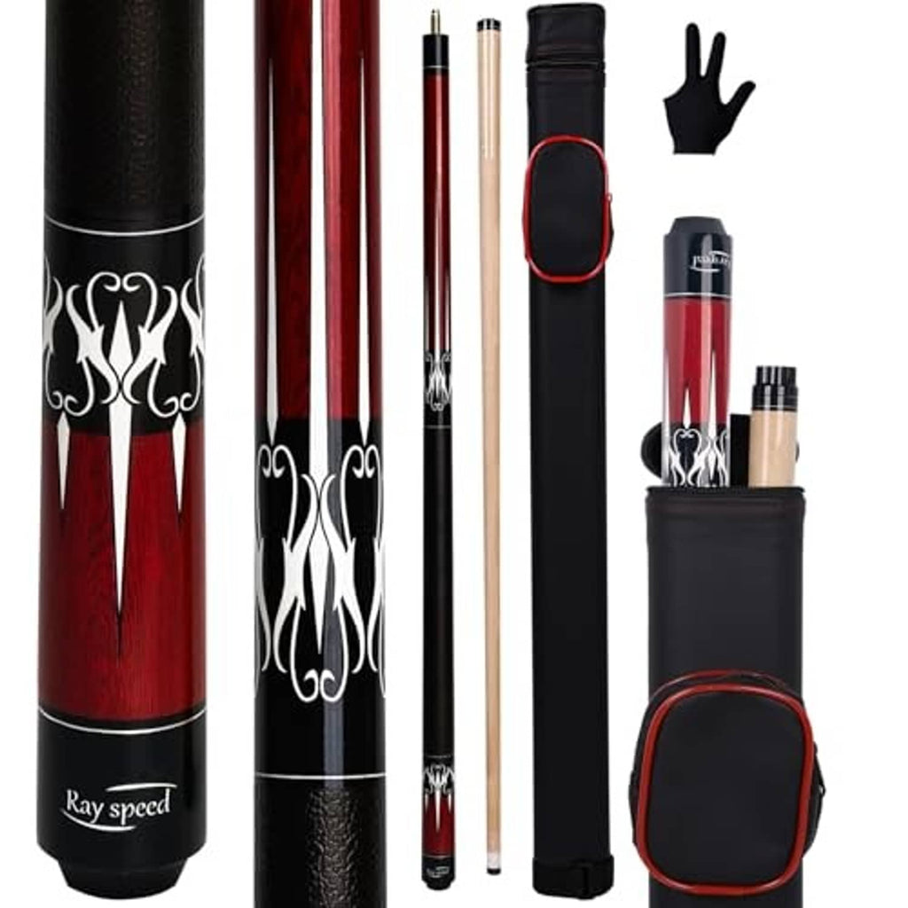 Set of red and black pool cue sticks with black hard case and red-trim storage pouch