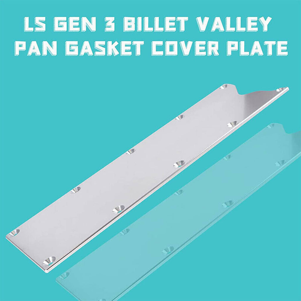 Billet aluminum valley pan gasket cover plate with bolt holes and side notch