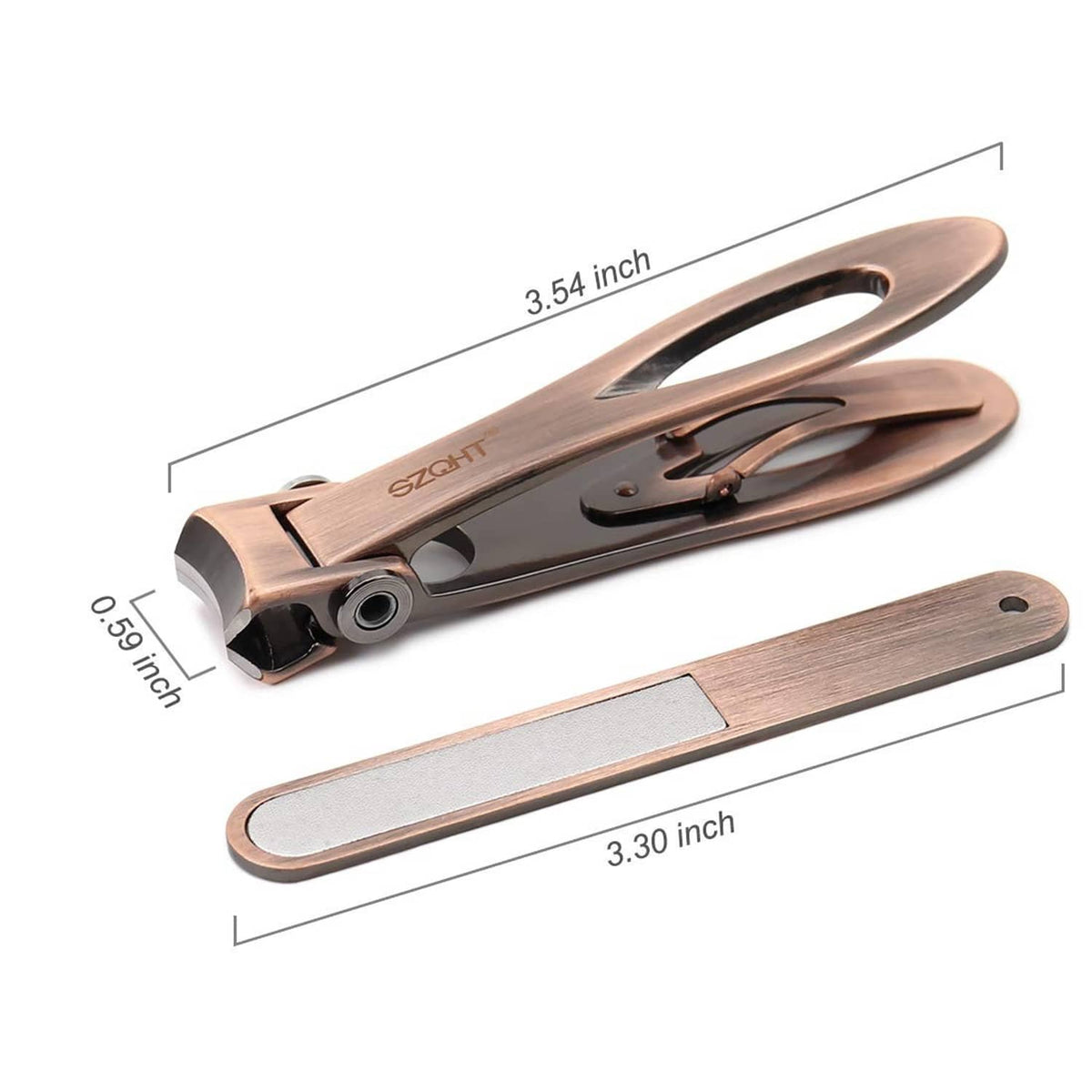 Bronze nail clipper with long grip and included metal nail file