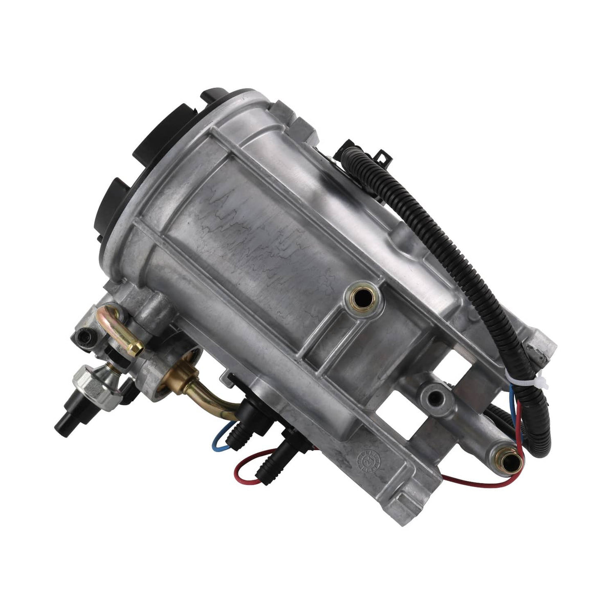 Fuel filter housing assembly with silver metal canister, fittings, and wiring harness