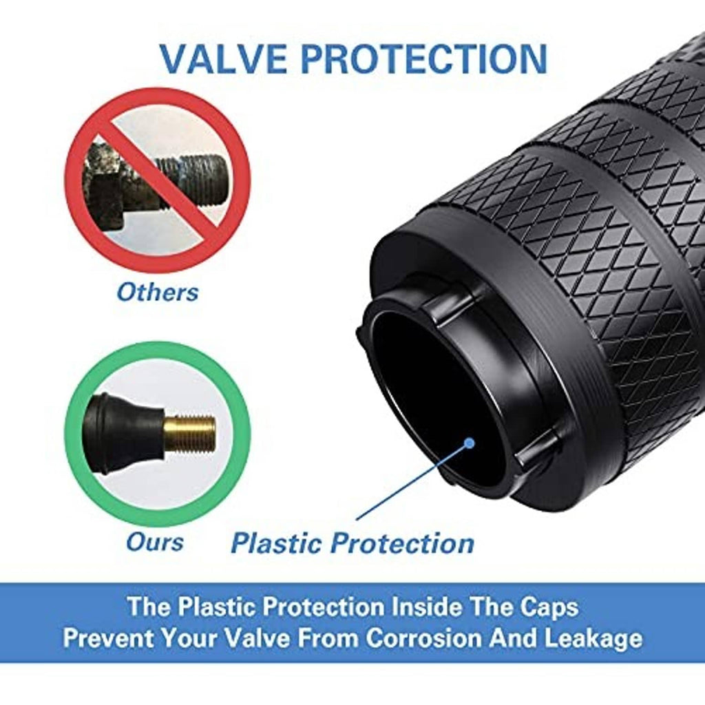 Black tire valve stem cap with textured diamond grip and round valve opening