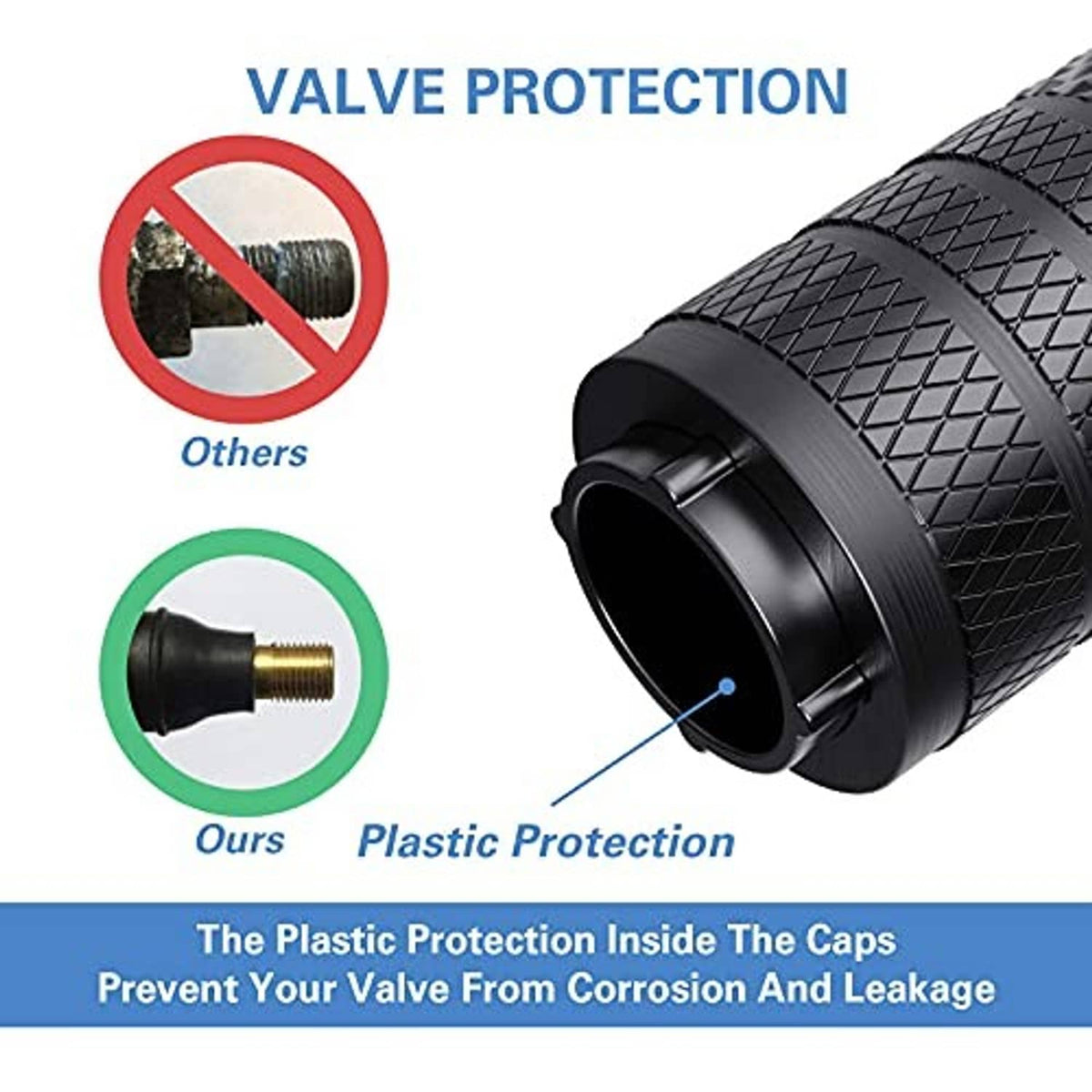 Black tire valve stem cap with textured diamond grip and round valve opening