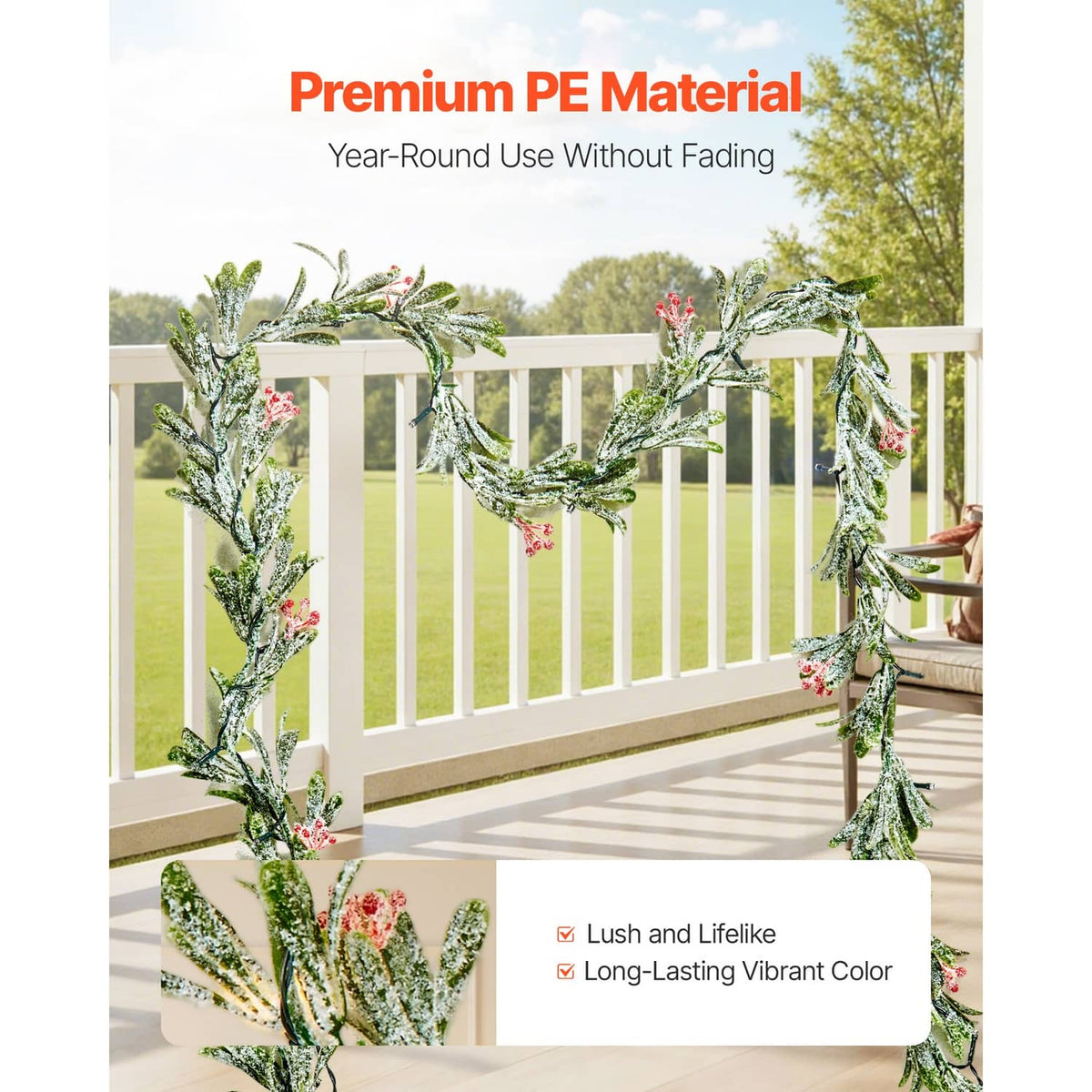Outdoor olive vine Christmas garland with red berry accents draped along balcony rail