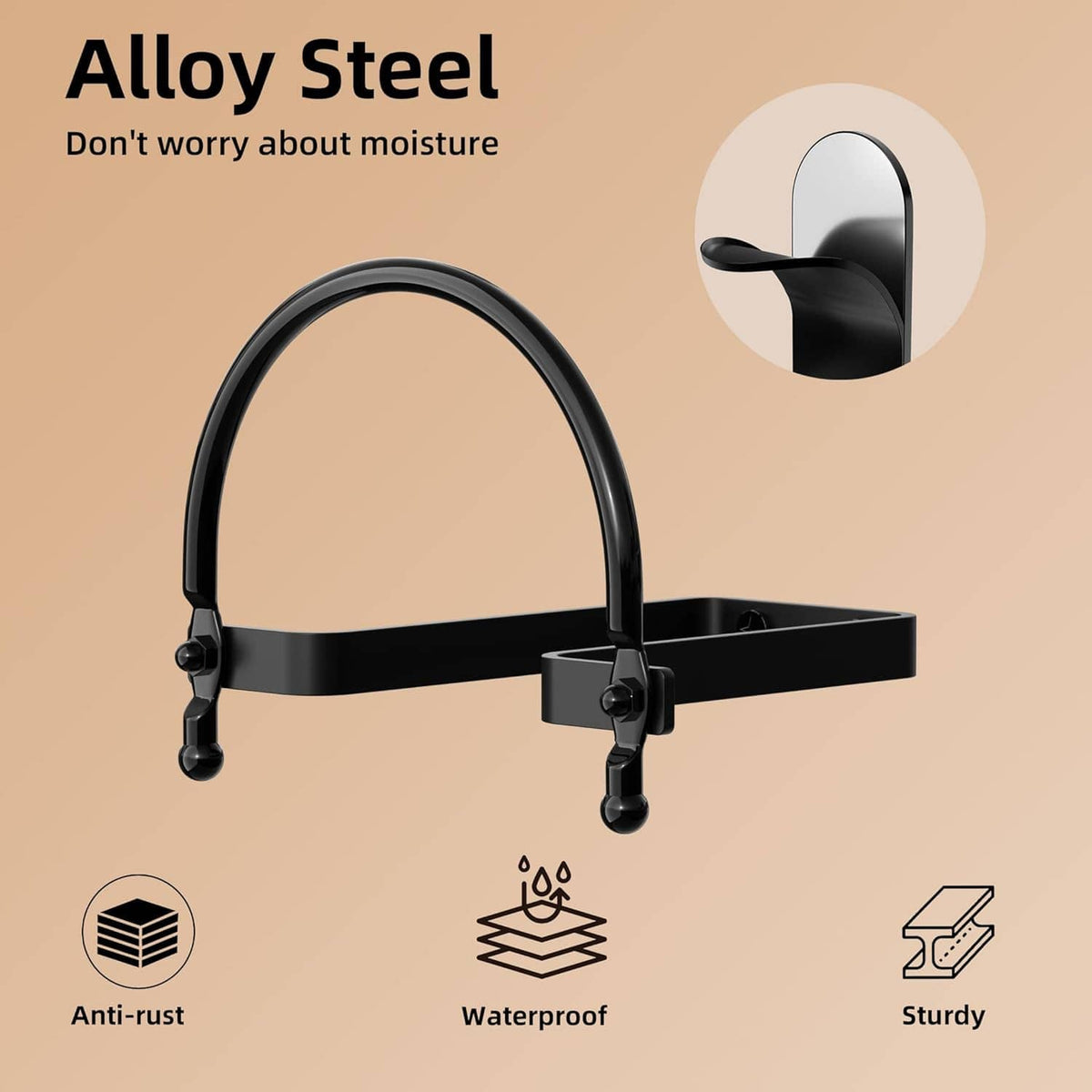 Black alloy steel wall-mount hat rack with arched hooks