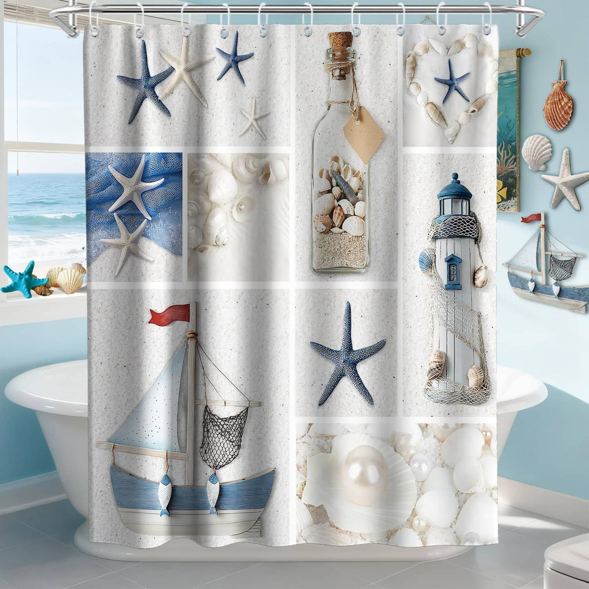 White beach shower curtain with lighthouse, blue starfish, and seashell pattern
