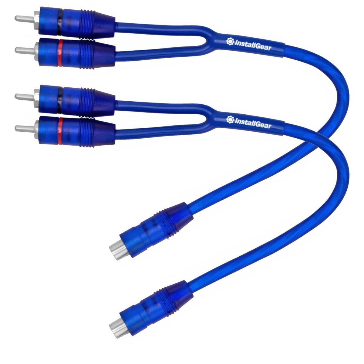 Shielded blue RCA Y-splitter adapter with multiple metal RCA connectors and red rings