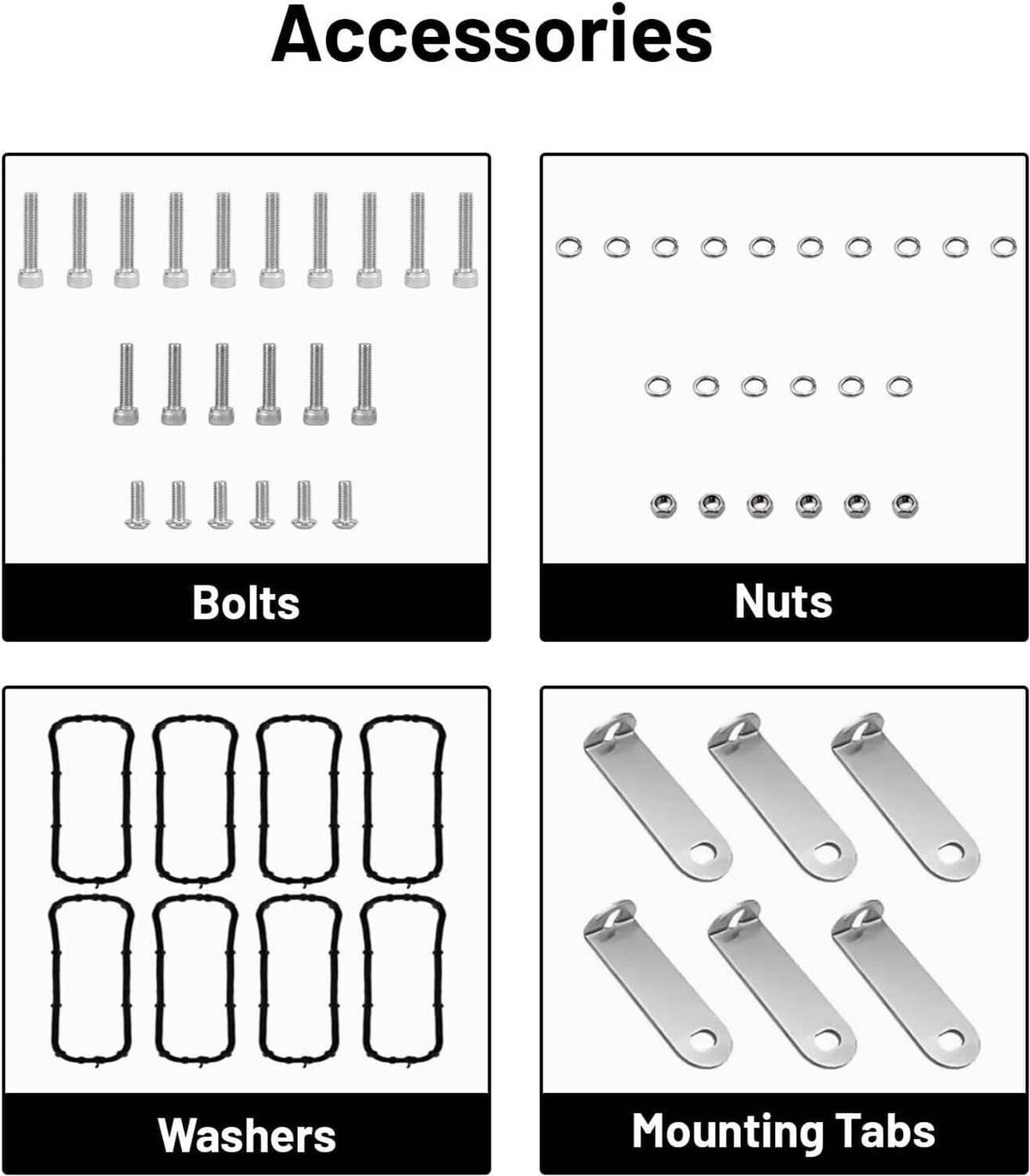 Fuel rail accessory set: bolts, nuts, washers, and silver mounting tabs in separate groups