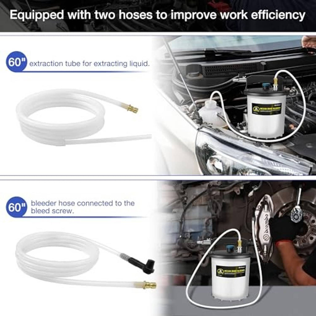 Brake bleeder kit with long extraction tube and connected hoses for vacuum fluid transfer
