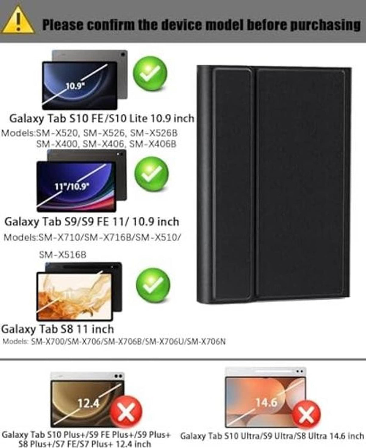 Black folio cover for tablet keyboard case, shown with compatibility size guide