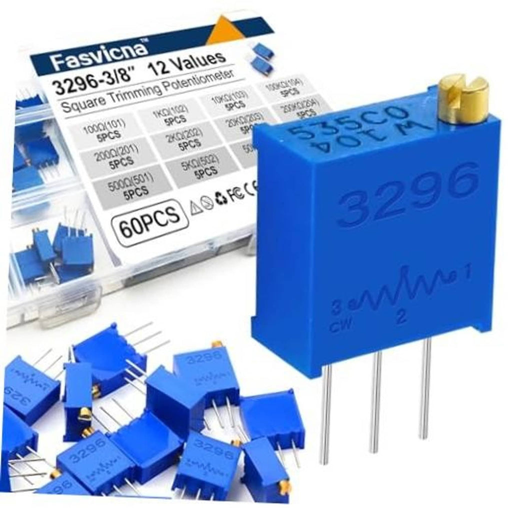 3296W blue multiturn trimmer potentiometer kit box with multiple blue resistors and leads