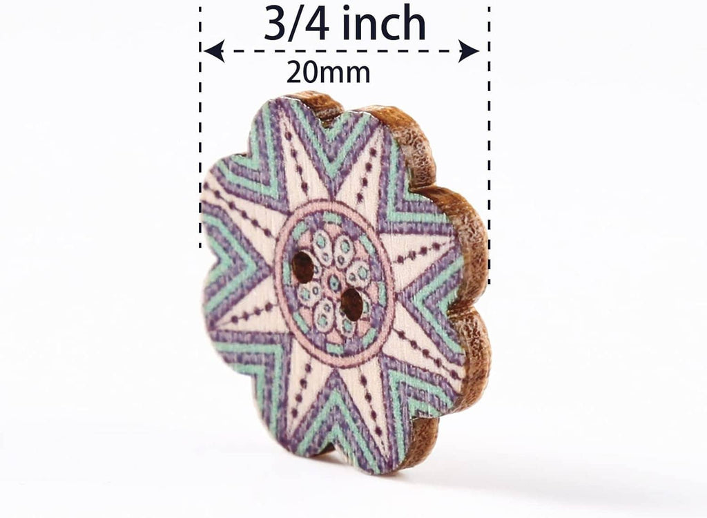 3/4-inch wooden flower button with two holes, purple and cream patterned