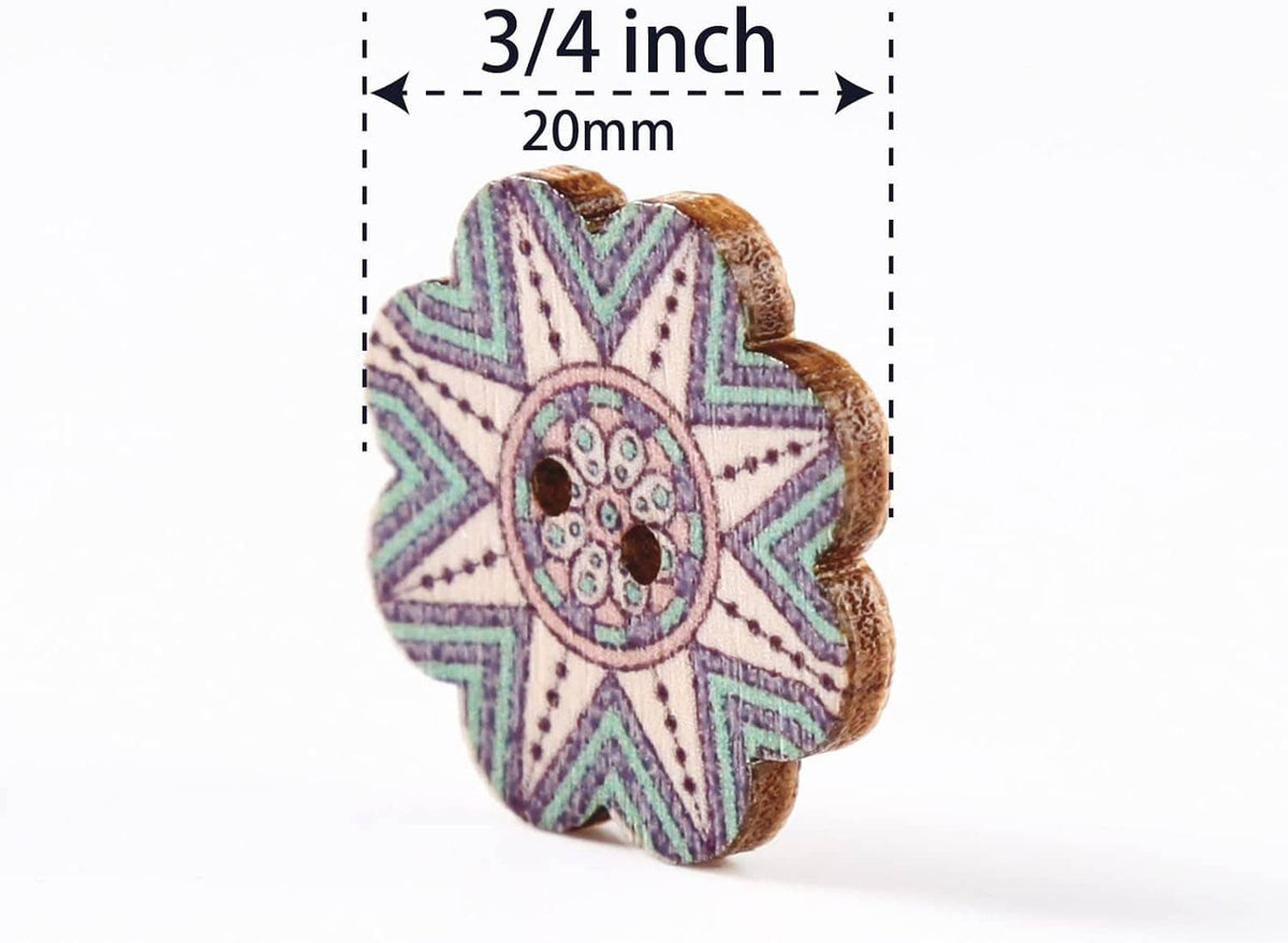 3/4-inch wooden flower button with two holes, purple and cream patterned