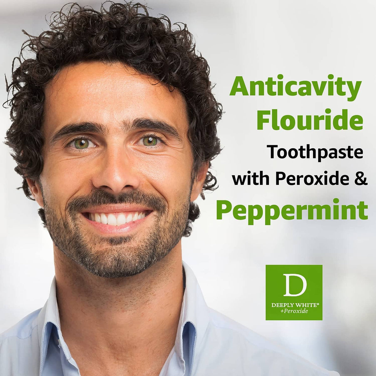 Peppermint peroxide whitening toothpaste promo with face and small Rembrandt logo