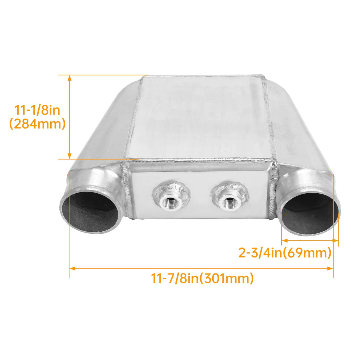 Aluminum water intercooler with two inlet/outlet tubes and threaded mounting holes