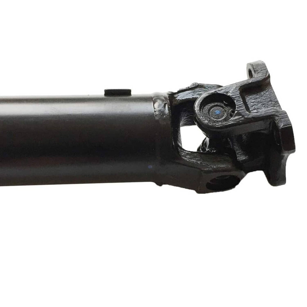 Rear prop shaft assembly close-up of U-joint housing with bolt interface