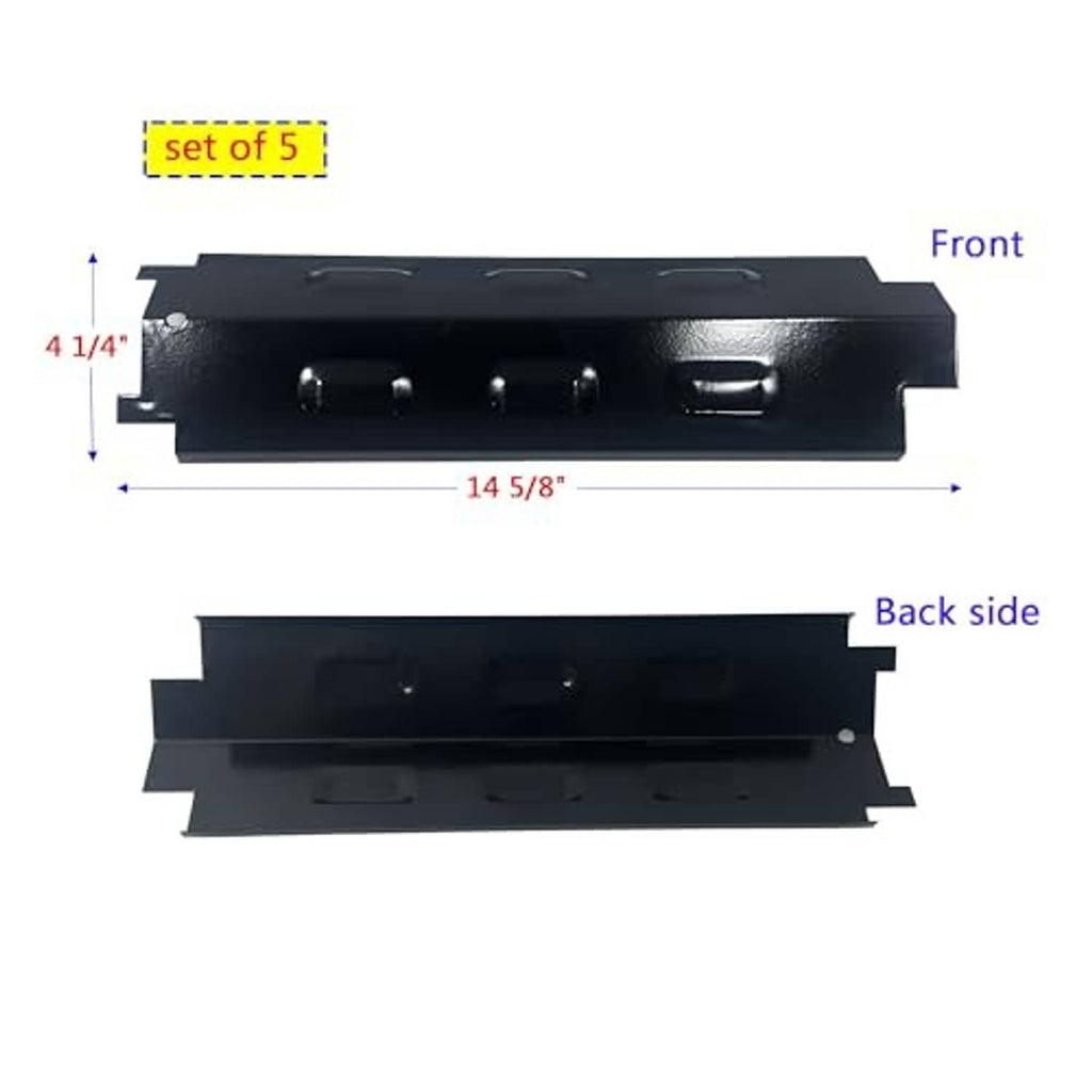 Black gas grill burner assembly, front and back views with mounting holes