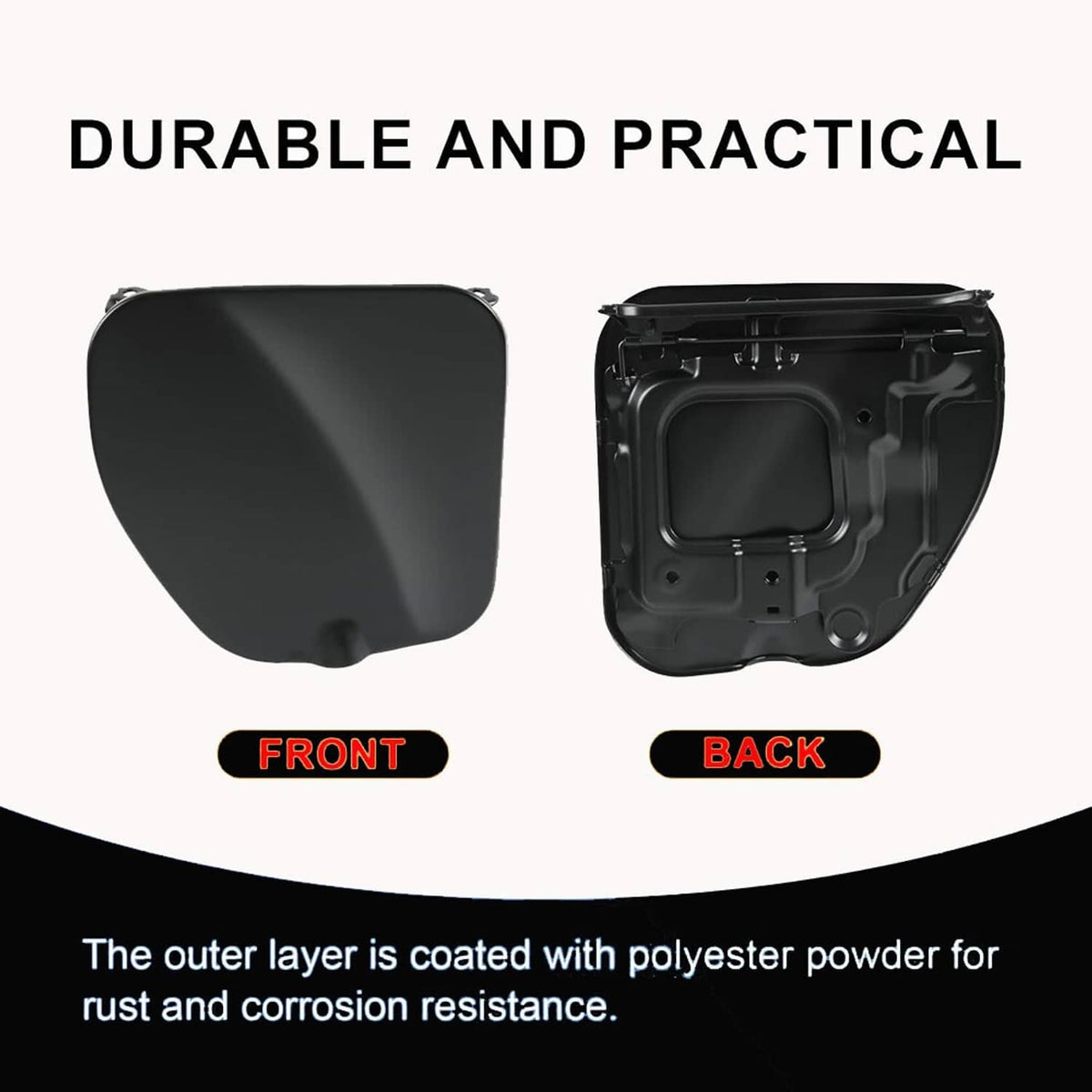 Black fuel filler lid cap with front cover and rear housing backing plate