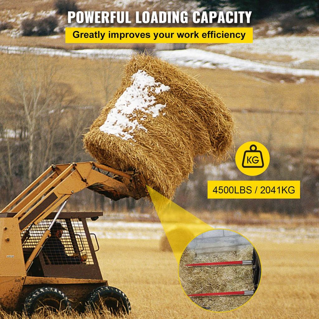 Hay bale spear accessory lifting a hay bale with two red pointed prongs