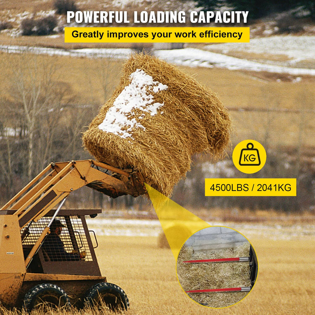 Hay bale spear accessory lifting a hay bale with two red pointed prongs